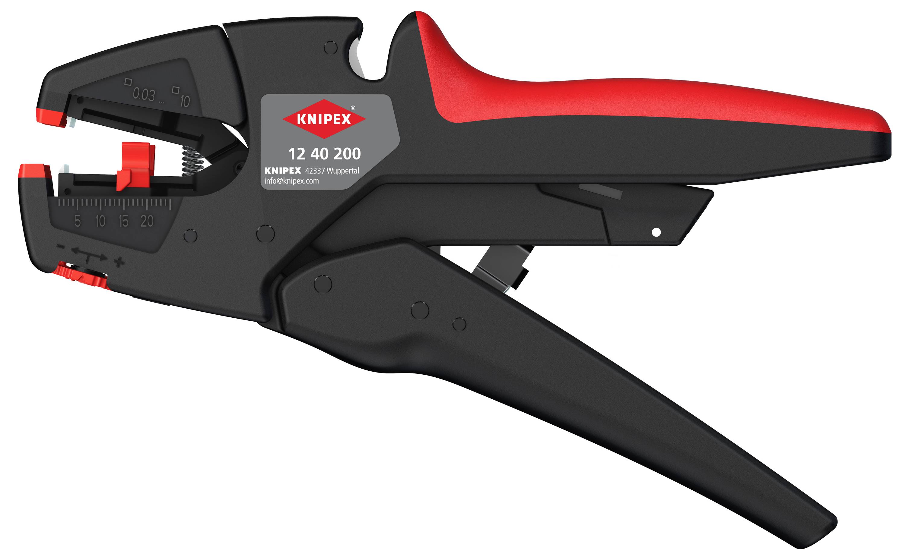Černočervený odstraňovač izolace s nastavitelnými parametry a štítkem značky 'Knipex 12 40 200'.