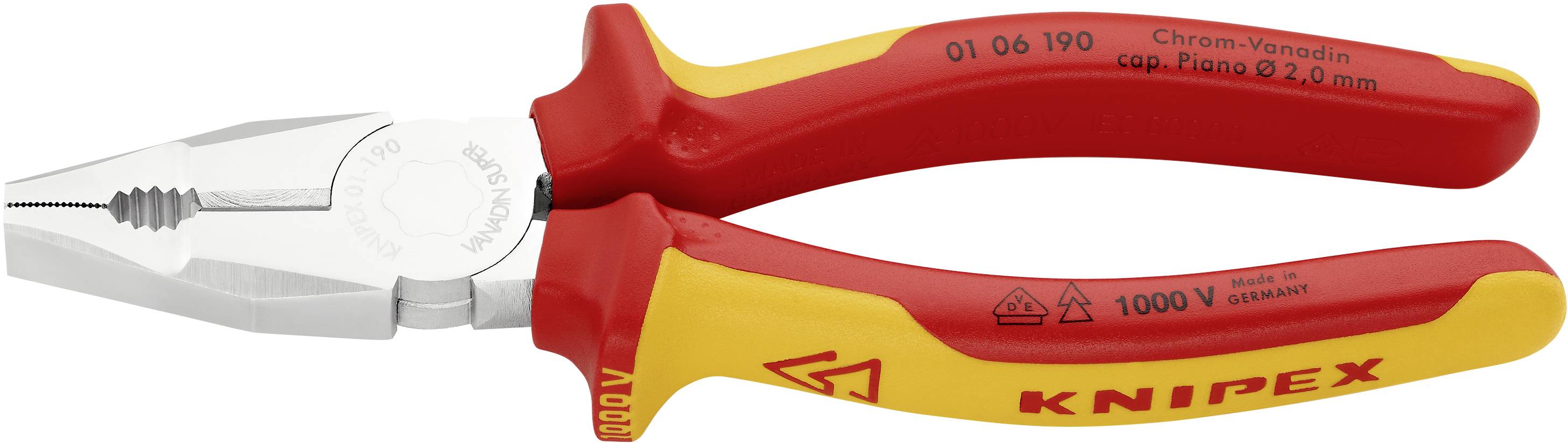 Červené a žluté izolované kombinační kleště, označené 'Knipex', vhodné pro práce až do 1000V.