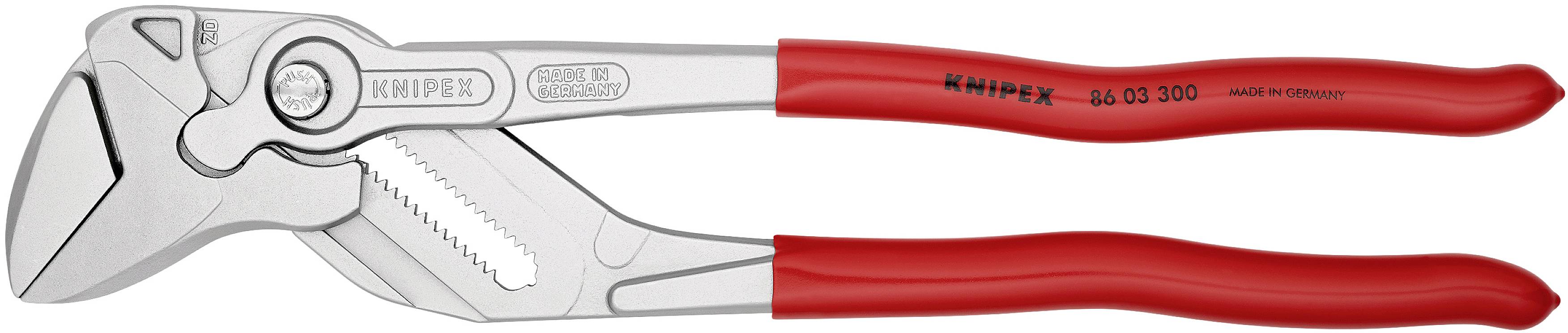 Stříbrné instalatérské kleště s červenými rukojeťmi, s vyGRAVOVANÝM logem značky 'KNIPEX'. Nástroj určený kuchopení a držení objektů.