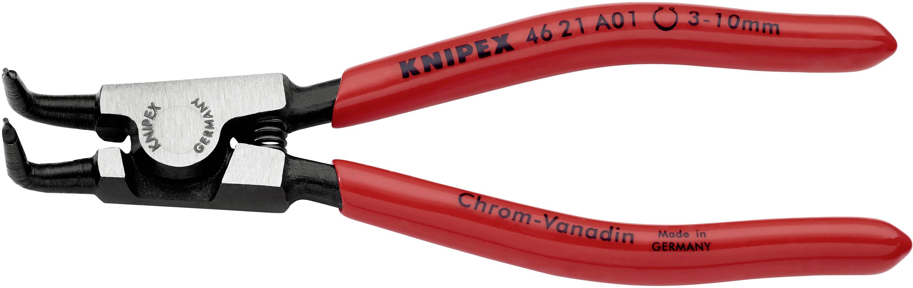 Popis: Kleště Knipex na pojistné kroužky s červenými rukojeťmi pro odstraňování a nasazování pojistných kroužků.