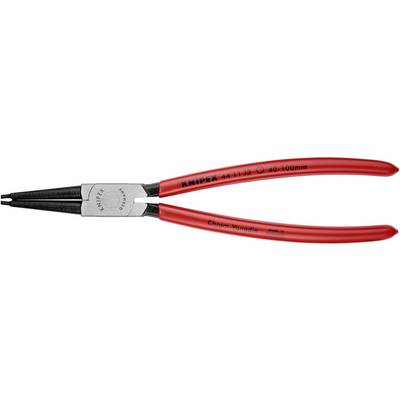Červené kleště Knipex na pojistné kroužky s černými vroubkovanými hroty, vhodné pro kroužky o průměru 40-100 mm, z chromovaného vanadového oceli.