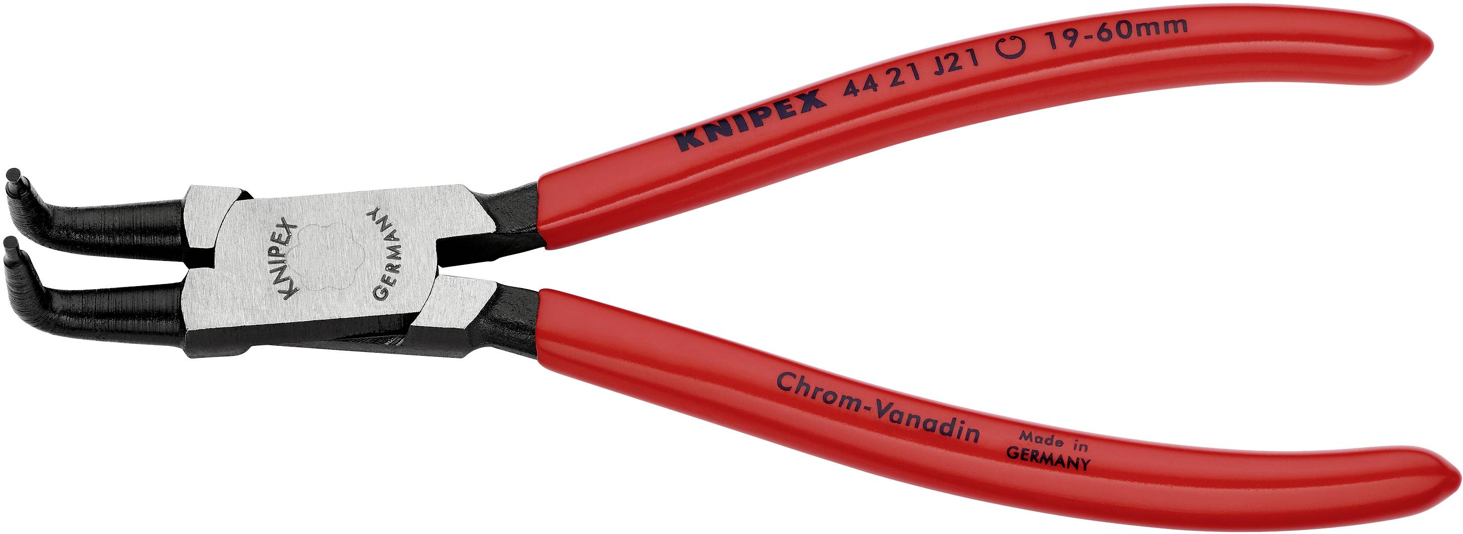 Červené kleště na pojistné kroužky Knipex s ohnutými čelistmi, model 4421J21, vhodné pro kroužky o průměru 19-60 mm. Vyrobeno v Německu.
