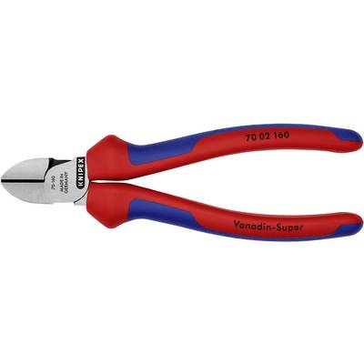 Červené a modré štípací kleště Knipex s ocelovými čelistmi, vhodné pro stříhání drátu, nesou nápis 'Vanadin-Super'.