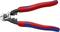 Červené a modré štípací kleště značky Knipex s ergonomickými rukojeťmi, vhodné pro řezání drátů až do tloušťky 2,5 mm.