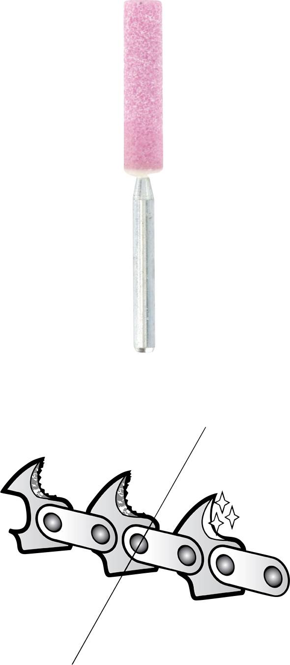 Nástavec pilníku na nehty válcovitého tvaru s růžovou brousicí plochou a kovovým kolíkem dole. Pod ním symbol s řetízkem a brusnou funkcí.