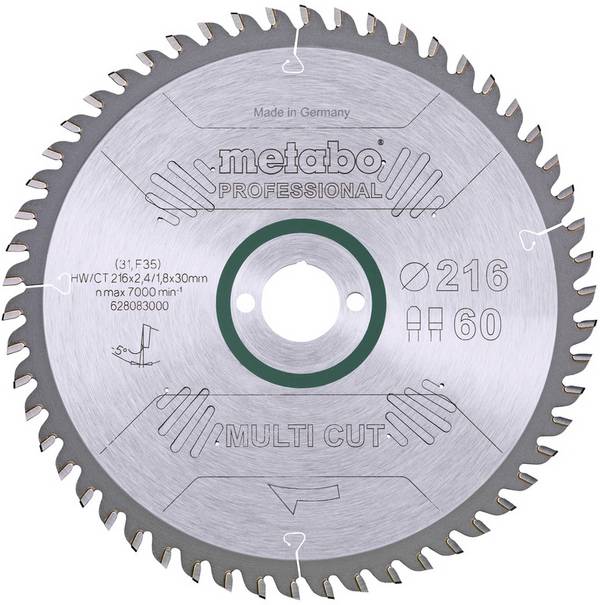 Metabo multi cut - professional, 216x30, Z60 FZ/TZ, 5°neg. 628083000 tvrdokovový pilový kotouč   216 x 30 x 1.8 mm Počet zubů (na palec): 60 1 ks