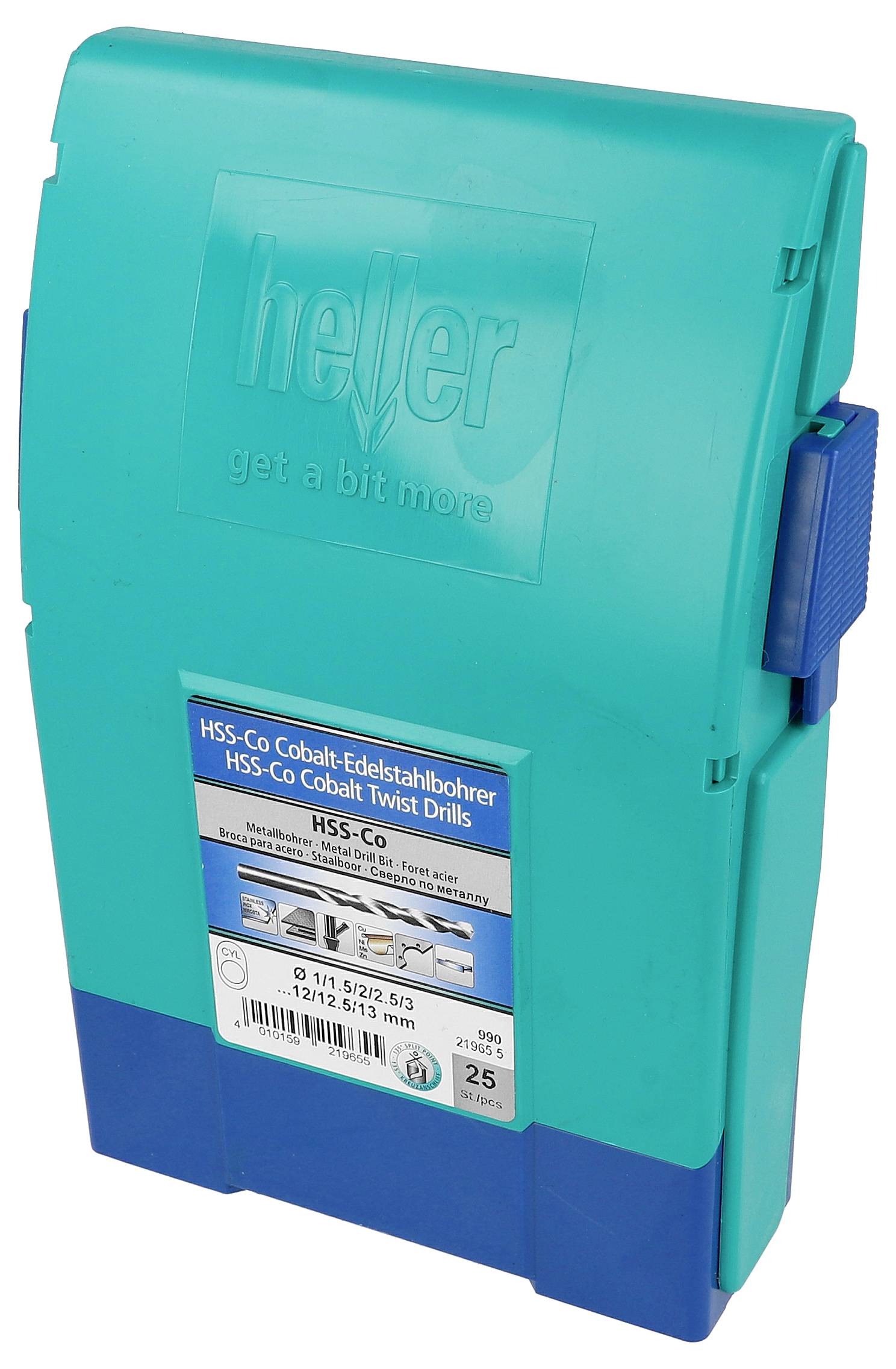 Modro-zelený box na vrtáky Heller označený "HSS-Co Cobalt Twist Drills" s informativní nálepkou o produktu na přední straně.