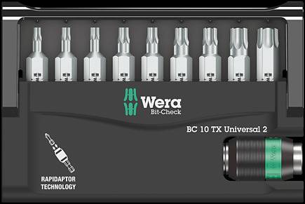 Sada bitů Wera Bit-Check s 10 bity, vybavená technologií "Rapidaptor" pro efektivní použití.