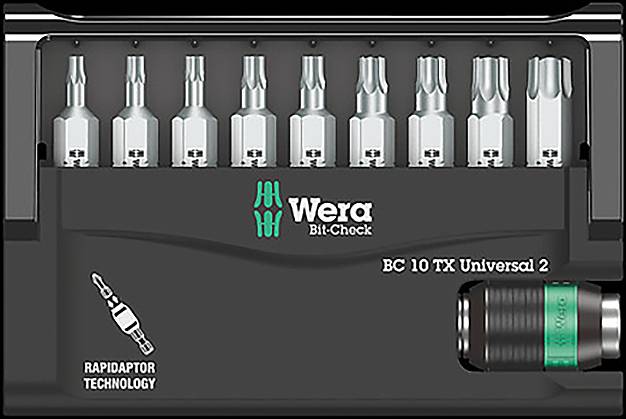 Sada Wera Bit-Check BC 10 TX Universal 2 zobrazující 10 vyměnitelných bitů a držák bitů. Obsahuje 'Rapidaptor technologii' pro rychlou výměnu.