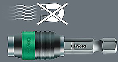 Magnetuvzdorný držák bitů s označením 'Wera', zobrazující protromagnetickou ikonu s přeškrtnutým podkovou magnetem, který indikuje odolnost vůči magnetismu.