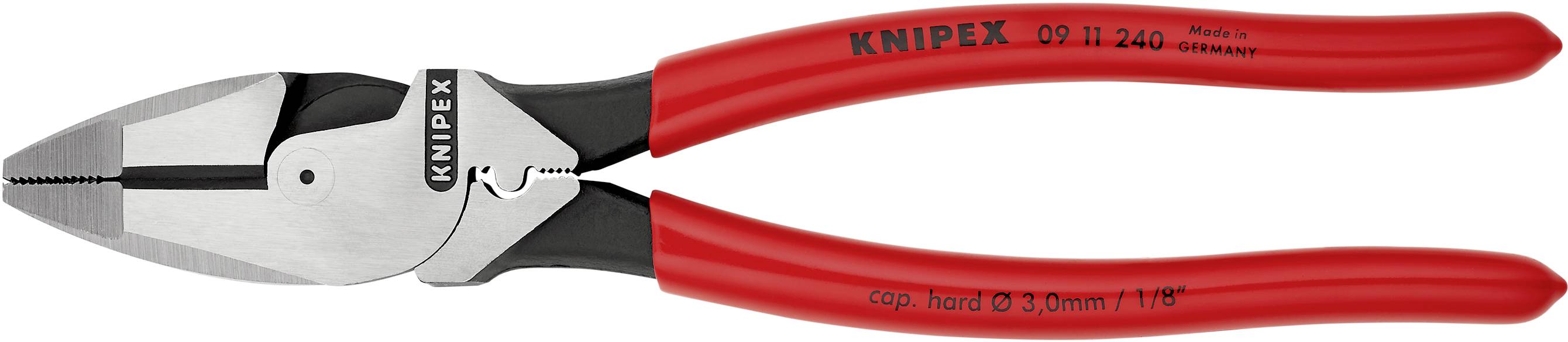 Červené kombinované kleště s černými rukojeťmi s nápisem 'Knipex 02 11 240'. Vhodné pro řemeslné použití.