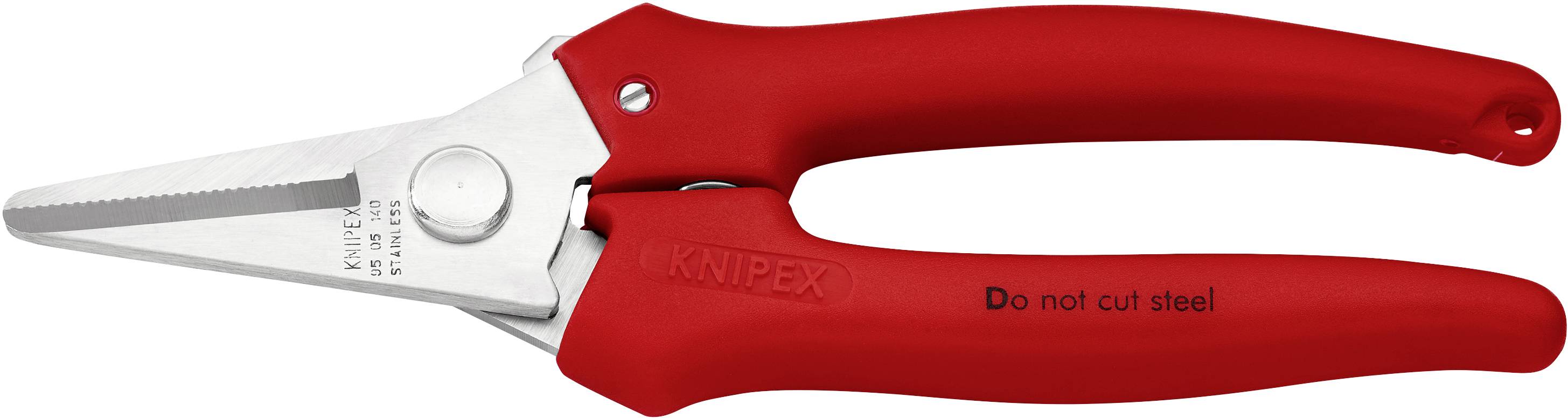 Červené nůžky Knipex s nápisem "Neřezat ocel". Vhodné pro přesný řez nekovových materiálů.