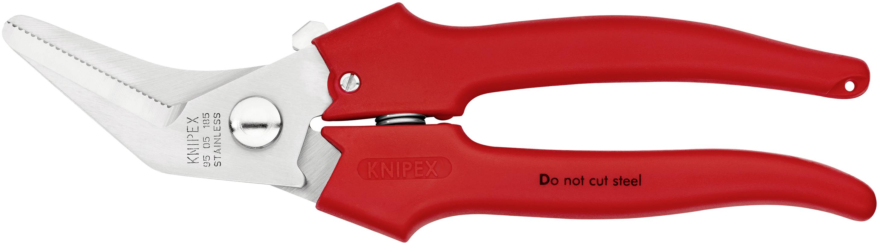 Červené nůžky Knipex s stříbrnou čepelí, vhodné pro řezací práce kromě oceli.