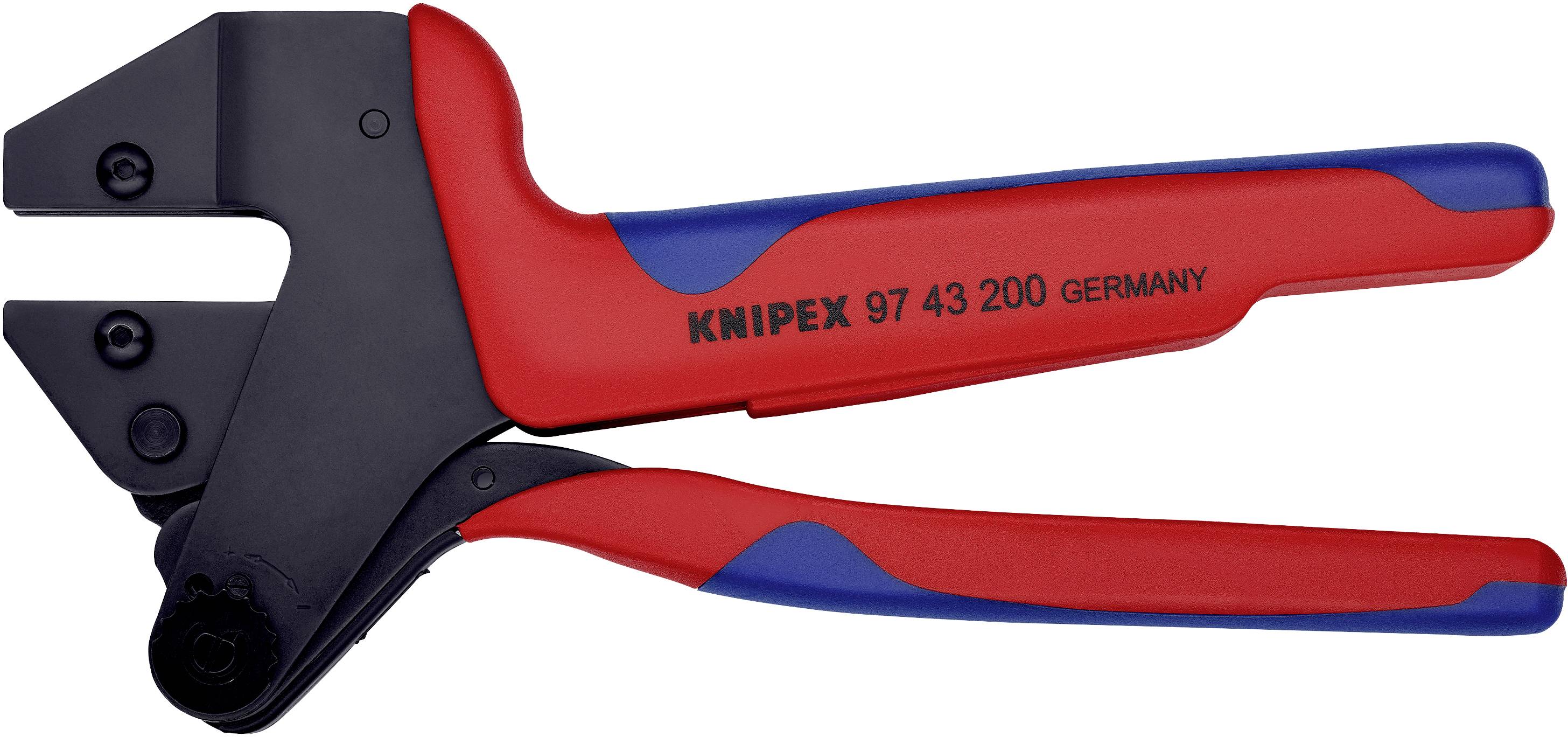 Červené a modré krimpovací kleště Knipex s nápisem 'Knipex 97 43 200 Germany', určené pro zpracování kabelů a drátů.