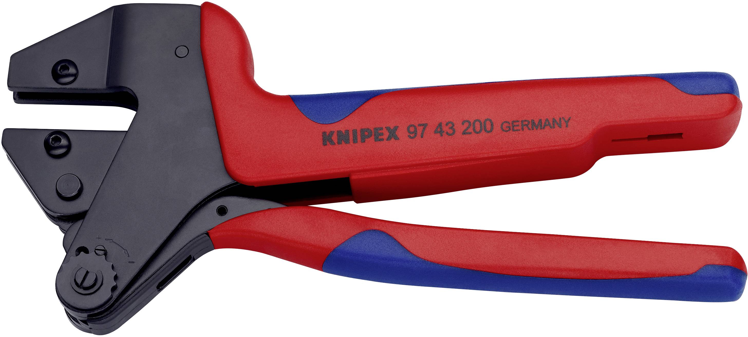 Červené a modré lisovací kleště značky Knipex, model 97 43 200, určené speciálně pro zpracování kabelových konektorů.