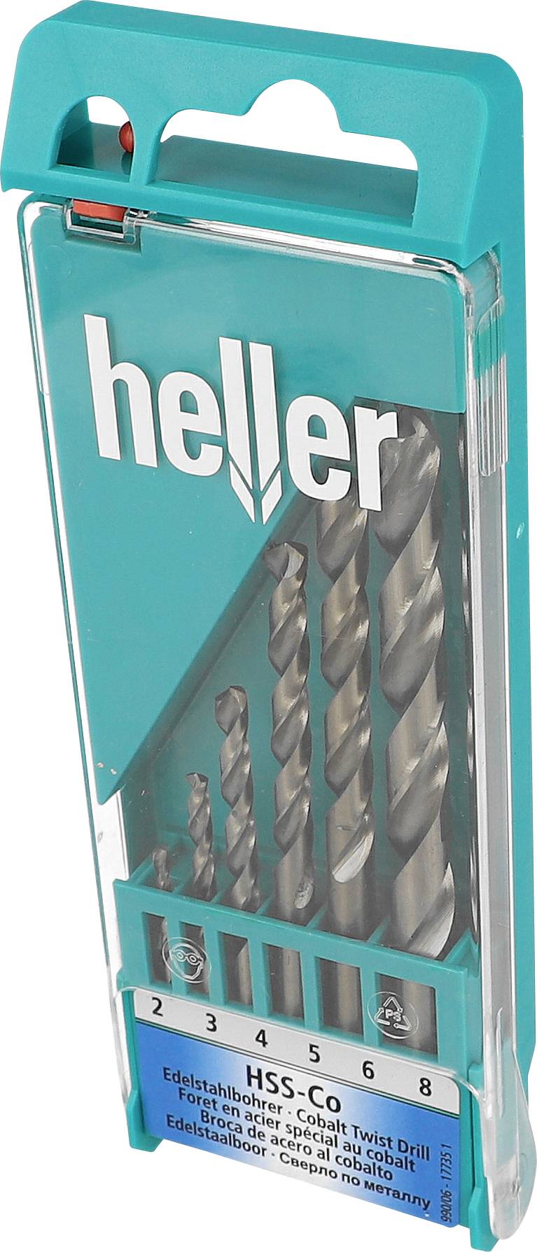 Sada vrtáků Heller HSS-Co s kobaltem v tyrkysovém plastovém pouzdře, s pěti viditelnými vrtáky a velikostmi 2 až 8 označenými na přední straně.