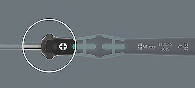 Křížový šroubovák s potištěnou rukojetí; detail zvýrazňuje design hrotu.
