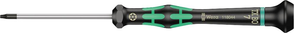 Precizní šroubovák s ergonomickou černozelenou rukojetí a nástavcem Torx TX7, vhodný pro jemné šroubovací práce.