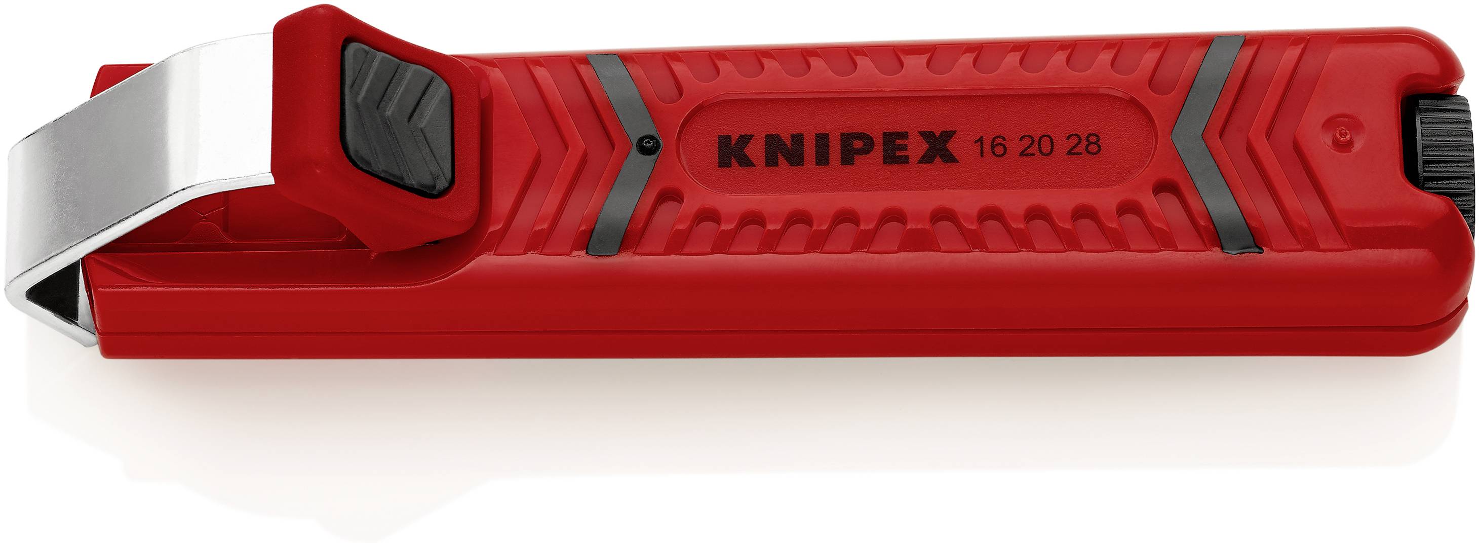 Červený bezpečnostní měřicí nástroj s nápisem 'KNIPEX 16 20 28' a čepelí. Navržen pro přesné a bezpečné řezání.