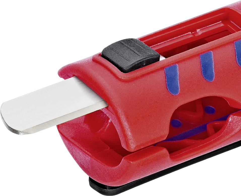 Červený řezací nůž z kartonu s výsuvnou čepelí a černým posuvníkem, vhodný pro řezání krabic a obalových materiálů.