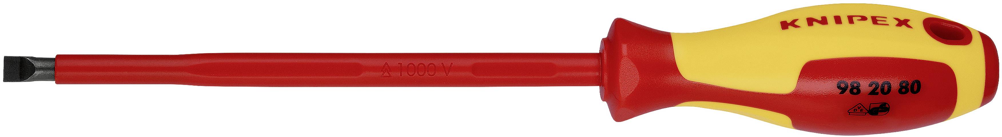 Izolovaný šroubovák Knipex v žluté a červené barvě, vhodný pro práci pod napětím do 1.000 voltů.