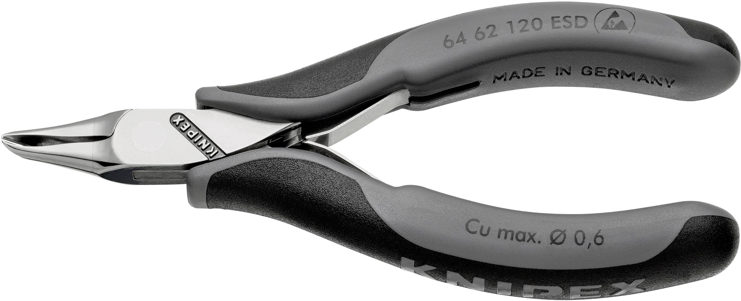 Kleště s ergonomickými rukojeti, nápis 'Knipex', šedé odstíny, označení 'Vyrobeno v Německu', vhodné pro jemné elektrotechnické práce.