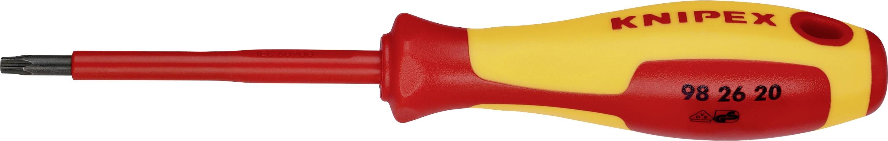 Izolovaný šroubovák Knipex s žlutou rukojetí a červeným dříkem.