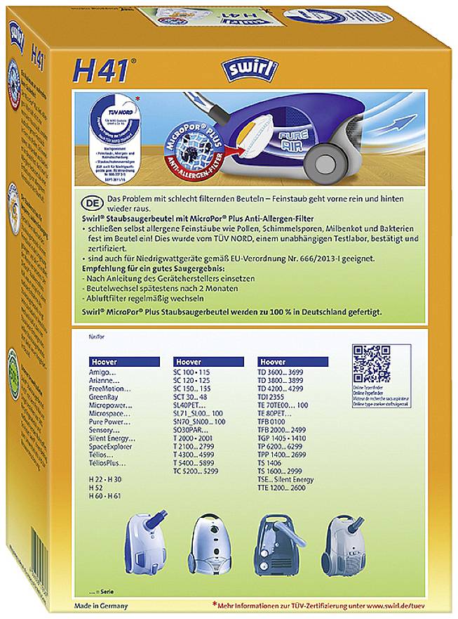 Sáčky do vysavače Swirl H41 s filtrací vhodnou pro alergiky. Vyobrazení vysavačů a detailů sáčků. Vyrobeno v Německu.