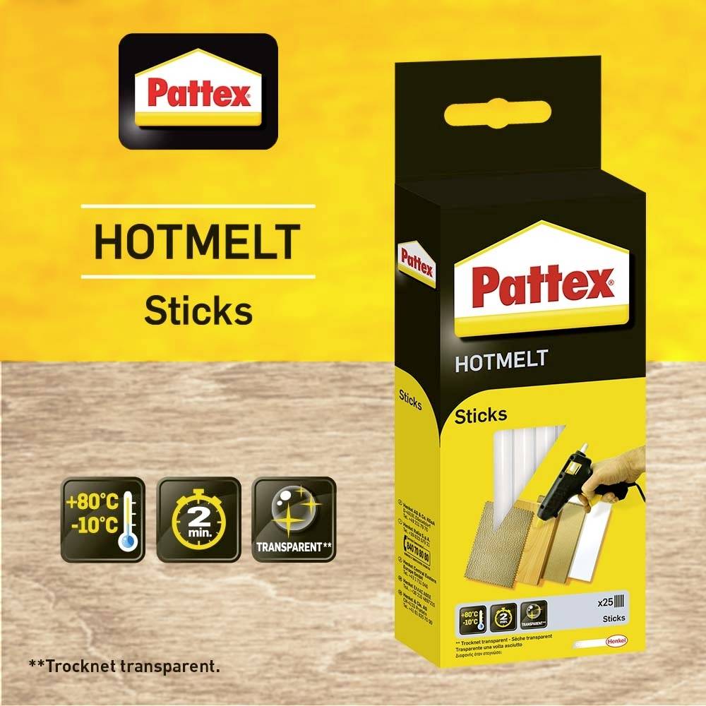 Balení 'Pattex Hotmelt Sticks' na dřevěném stole, zobrazuje tavnou pistoli. Provozní teplota: -10°C až +80°C. Průhledné po 2 minutách.