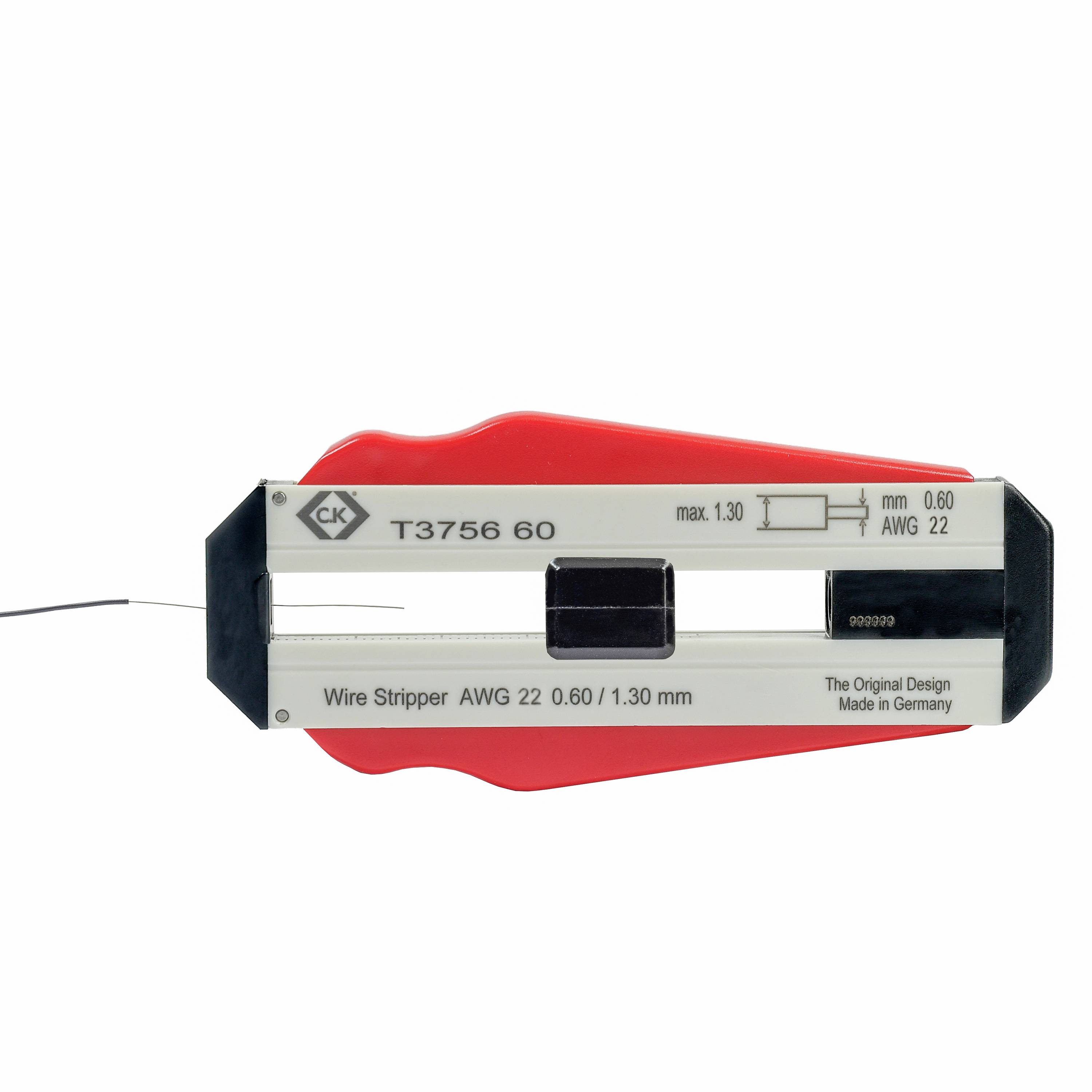 Odstraňovač izolace pro vodiče o tloušťce 0,60 mm až 1,30 mm, označený jako 'Originální design Made in Germany'. Vhodný pro AWG 22.