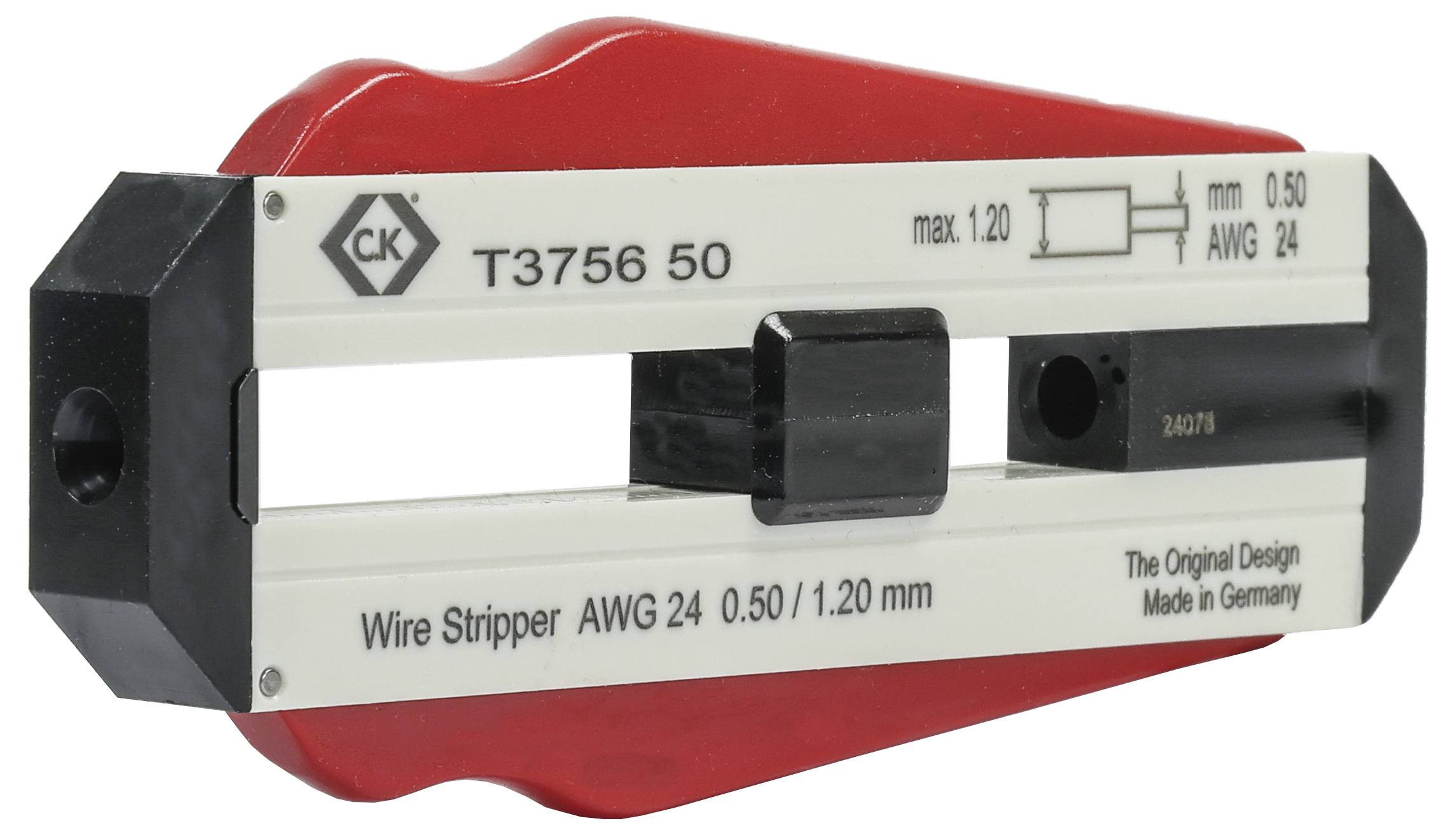 Odizolovač kabelů trojúhelníkového tvaru, s nápisem 'CK T3756 50', vhodný pro kabely o průměru 0,50 až 1,20 mm (AWG 24). Vyrobeno v Německu.