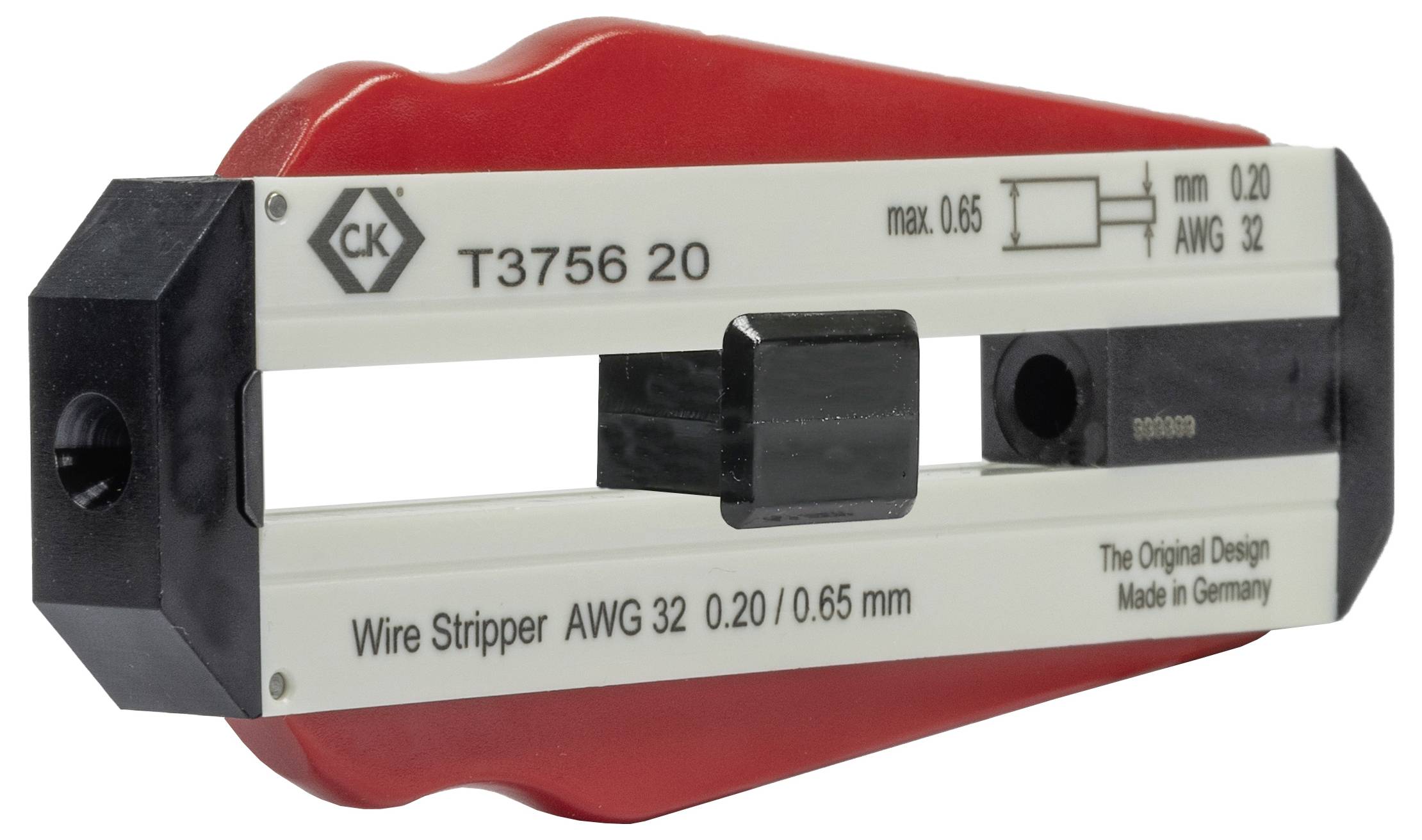 Odizolovací kleště, modelové číslo T3756 20, vhodné pro průměry vodičů 0,20/0,65 mm a AWG 32. Vyrobeno v Německu.