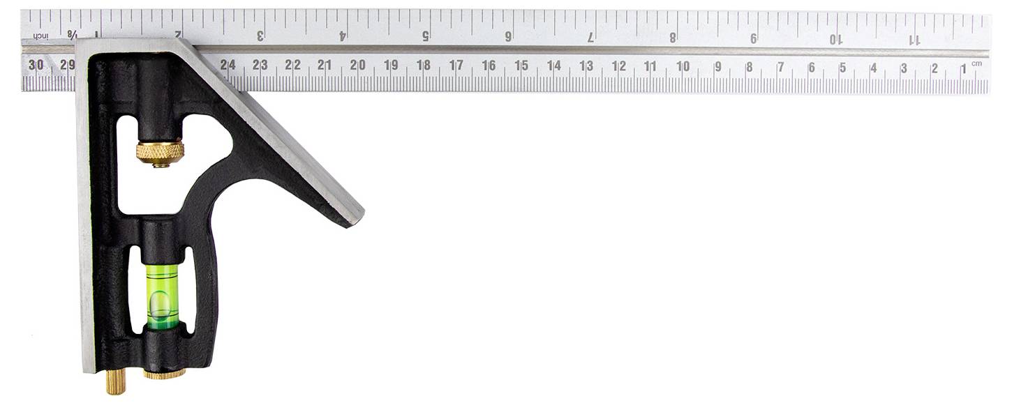 Kombinační úhelník s 300mm pravítkem, vybavený vestavěnou vodováhou a ryskou, používaný pro měření a vyznačování úhlů a přímých čar.