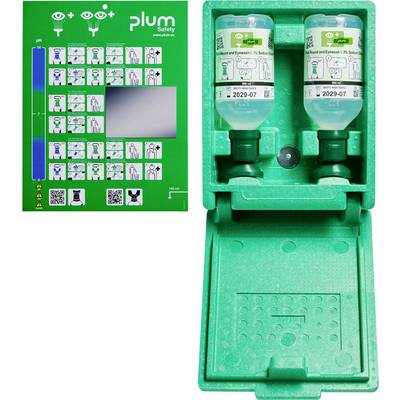 Bezpečnostní stanice na omývání očí Plum s balením a sadou obsahující dvě modré láhve na omývání očí v zeleném pouzdře, plus instruční panel zobrazující postup použití.