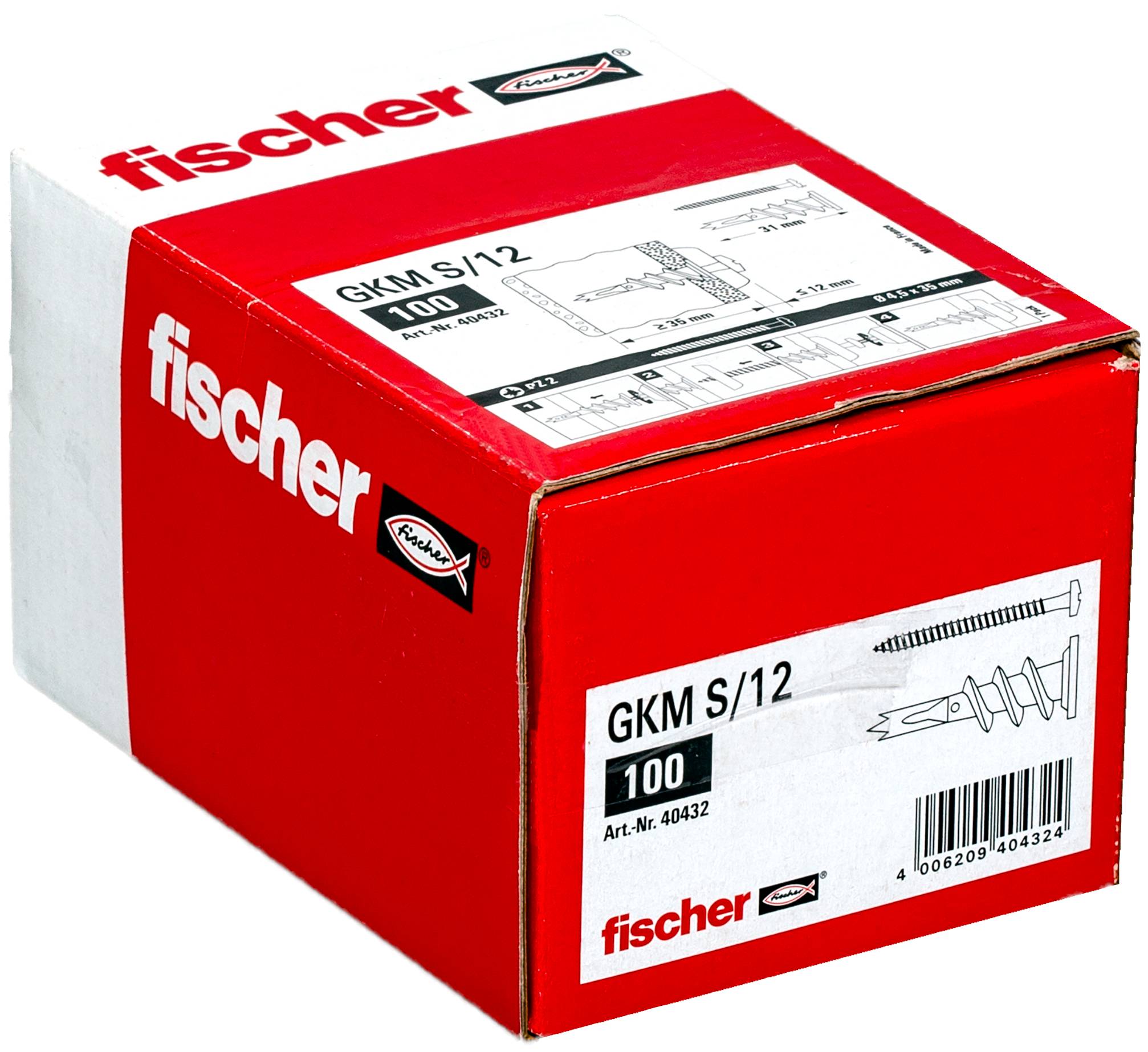 Krabice produktu Red Fischer označená „GKM S/12" a „100", zobrazená s ilustrací kotevního šroubu a čárovým kódem.