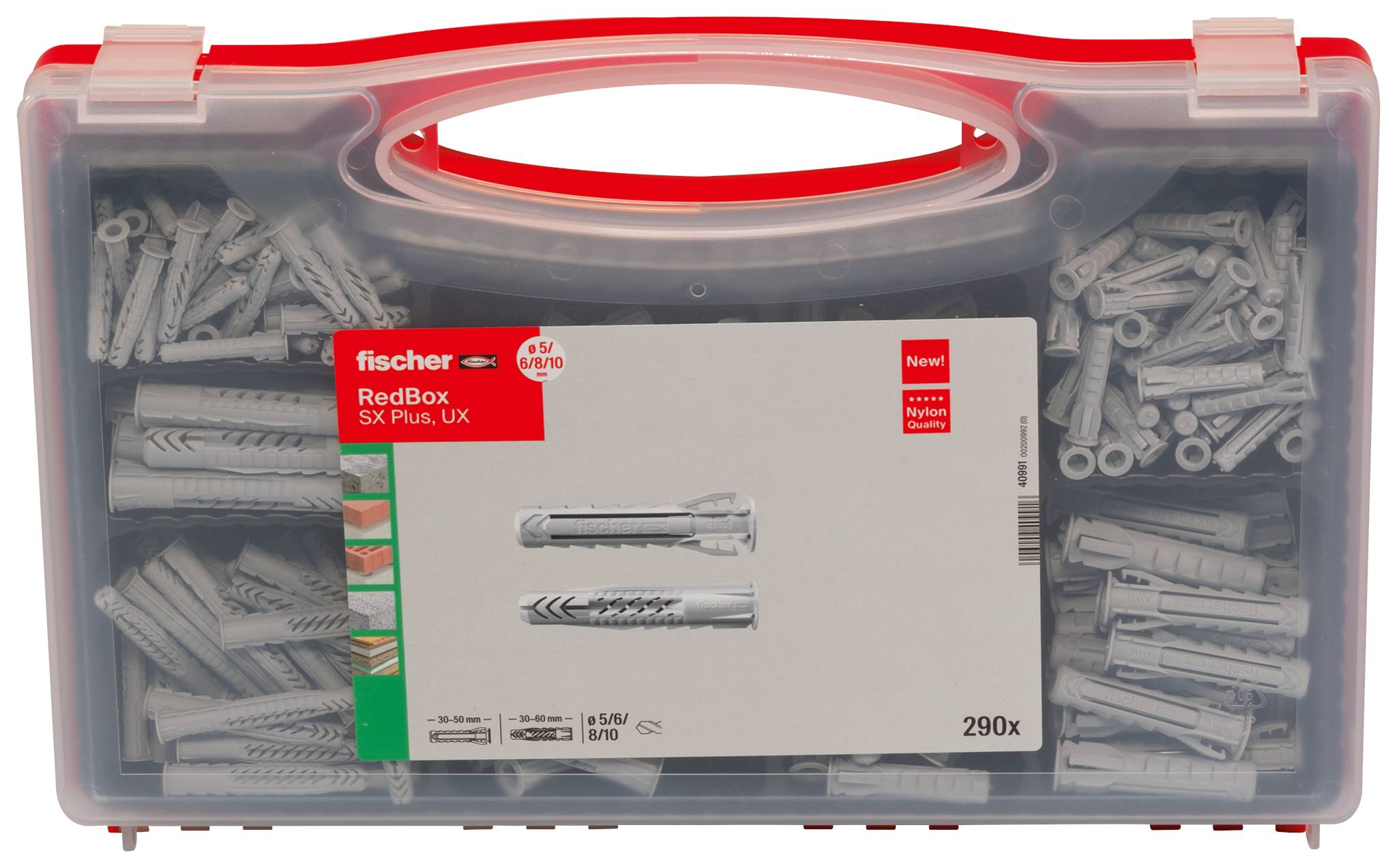 Plastový úložný kufřík s červeným madlem označený „fischer RedBox SX Plus UX" obsahující různorodou sbírku nástěnných hmoždinek a vrutů, označen „290x".
