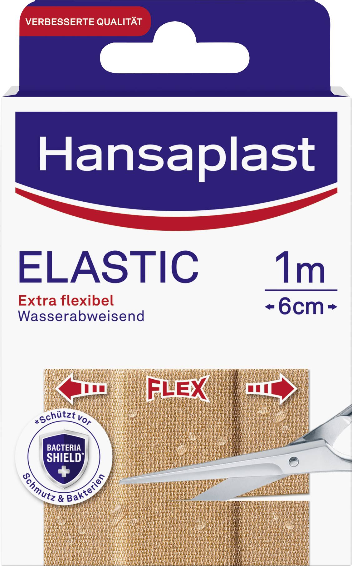 'Hansaplast Elastic' náplast s červeným a modrým designem obalu. Text: 'Extra flexibilní, Voděodolná, 1m x 6cm'.