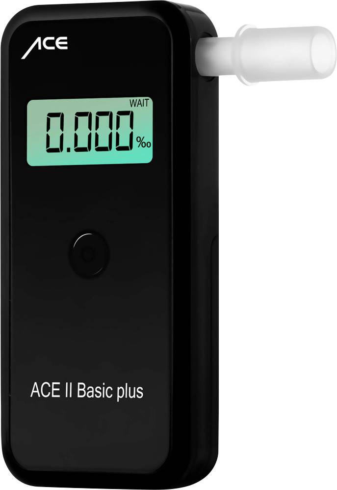 Černý přístroj na měření dechu s alkoholem a digitálním displejem, který zobrazuje '0.000‰ WAIT'. Název modelu 'ACE II Basic plus' je viditelný dole.