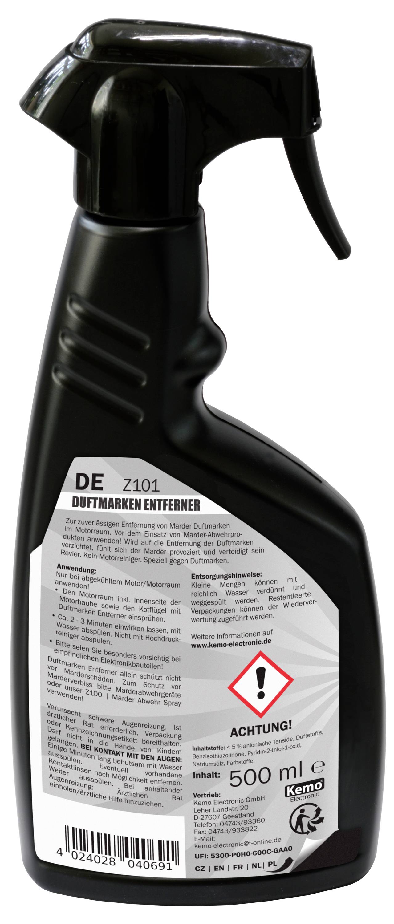 Černá lahvička s rozprašovačem obsahující odstraňovač lepidla s označením "DE Z101 Duftmarken Entferner", 500 ml, s varovným symbolem a německými pokyny.