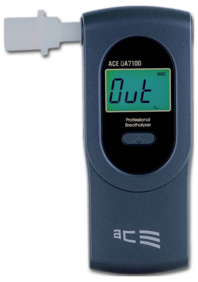 Alkohol tester s displejem zobrazuje text 'Out'.