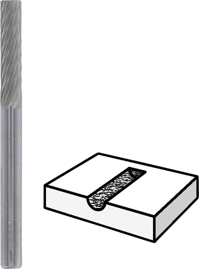 Fréza a schematické znázornění vyfrézované drážky v materiálovém bloku.
