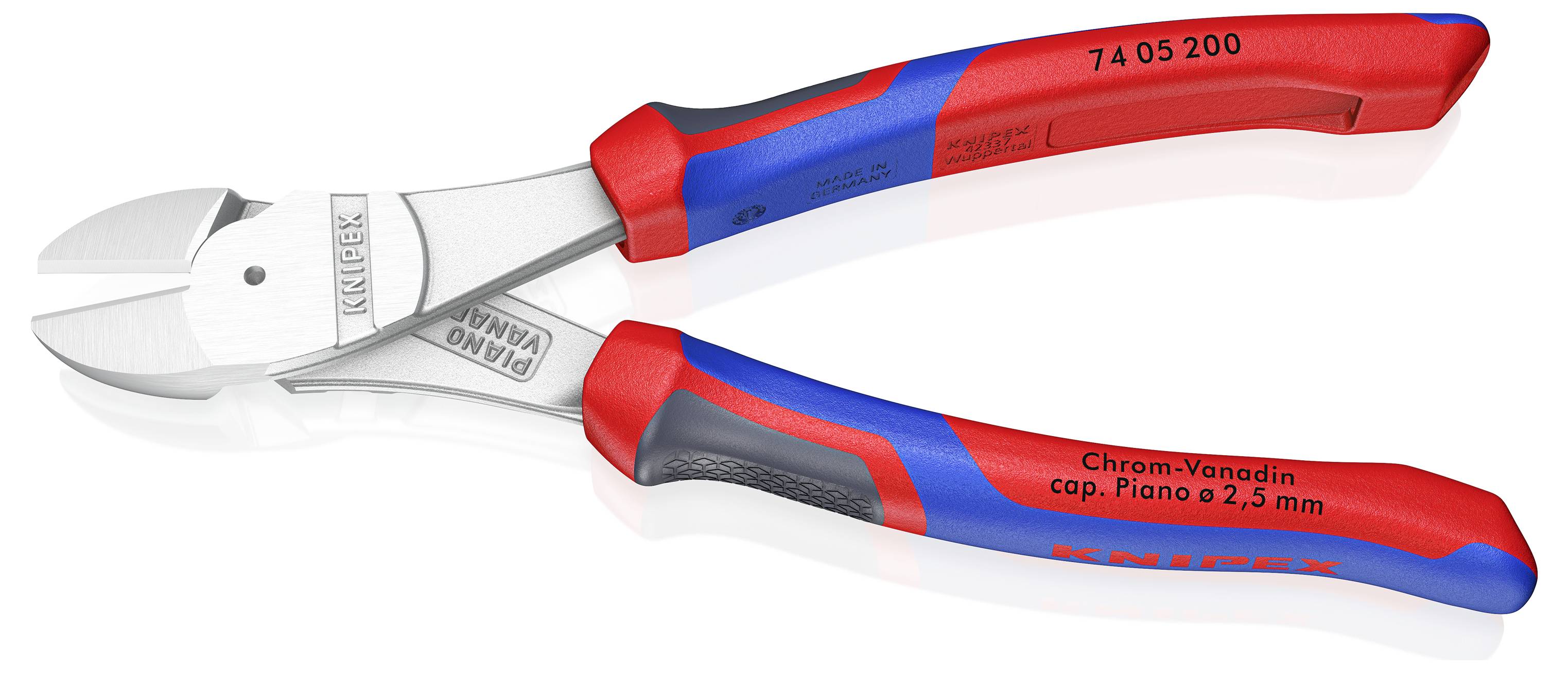 Červené a modré štípací kleště na kabely Knipex s ergonomickou rukojetí a mnoha kovovými prvky v popředí. Vhodné pro přesné stříhání.