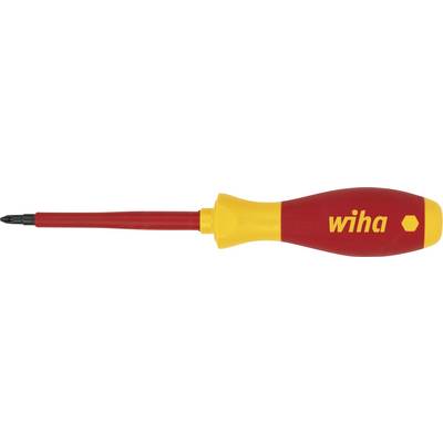 Žluto-červený šroubovák s logem 'wiha', ergonomickou rukojetí. Nástroj vhodný pro elektrikářské nástroje.