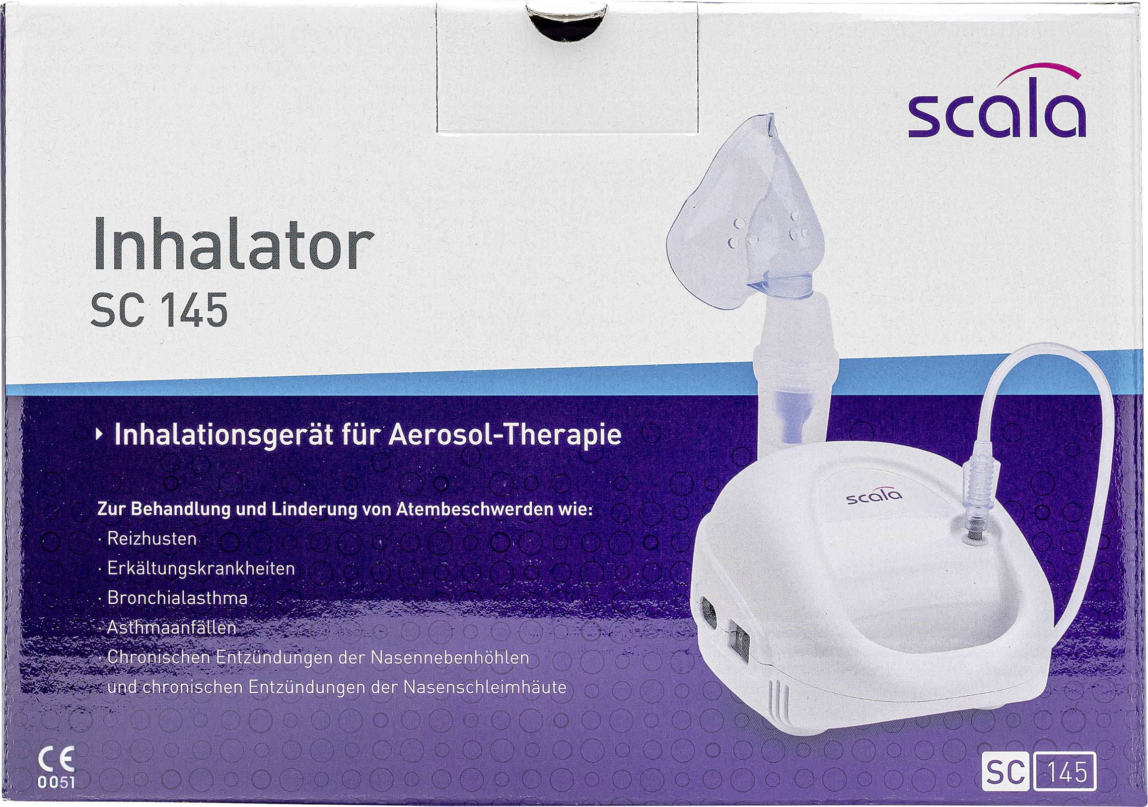 Inhalátor 'SC 145' pro aerosolterapii. Používá se při dýchacích potížích, jako jsou dráždivý kašel, nachlazení a chronické záněty.