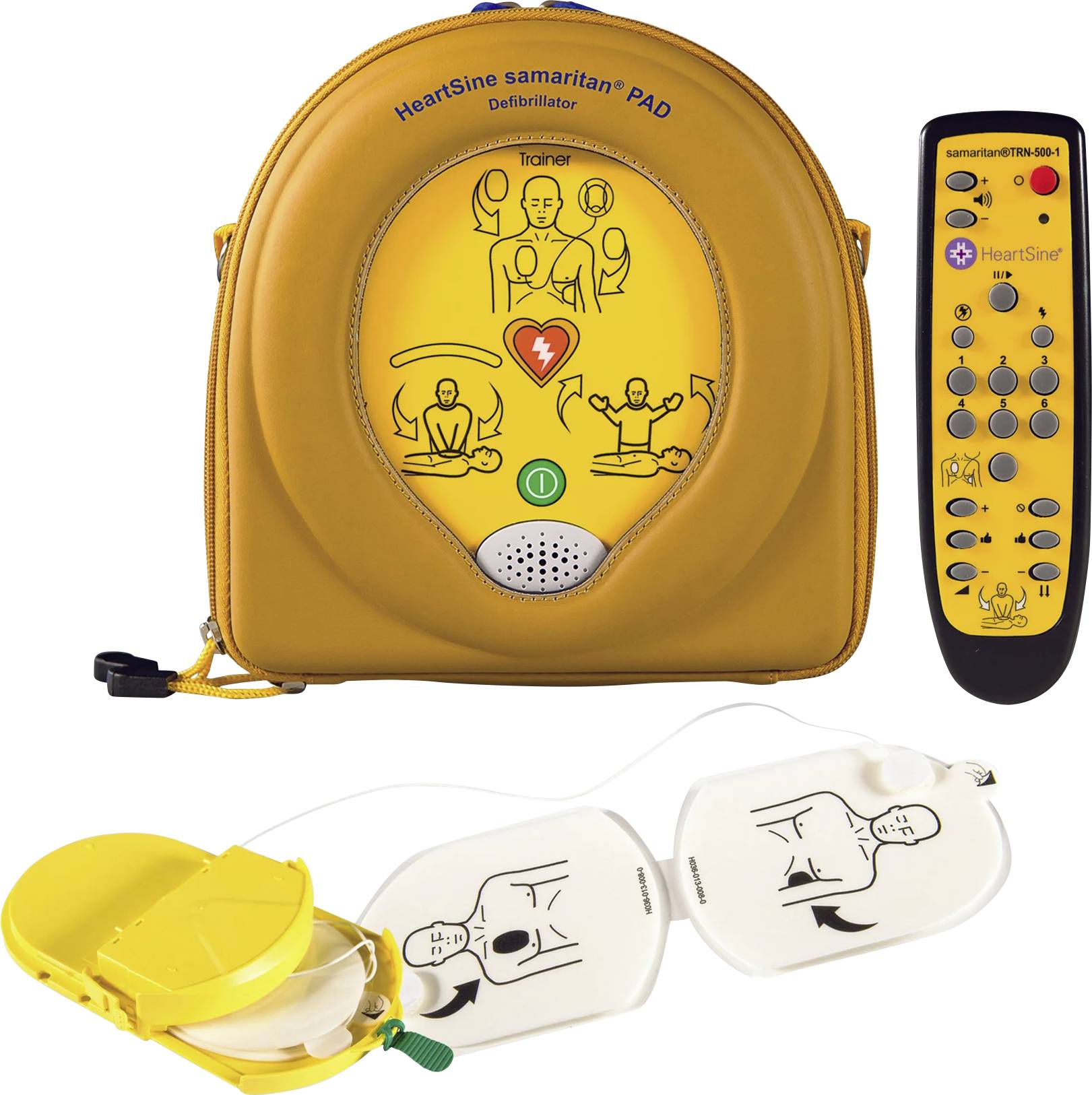 Herzsine Samaritan PAD, automatizovaný externí defibrilátor (AED) s elektrodami a dálkovým ovládáním, určený pro léčbu srdečních pohotovostních stavů.