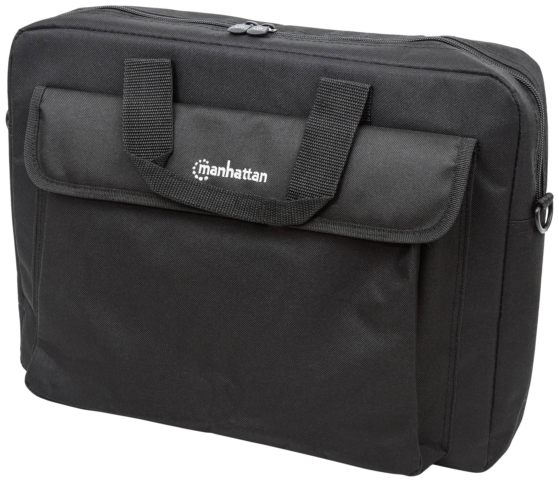 Černá brašna na notebook s rukojetí a zipem. Na přední straně tašky je logo 'manhattan'.