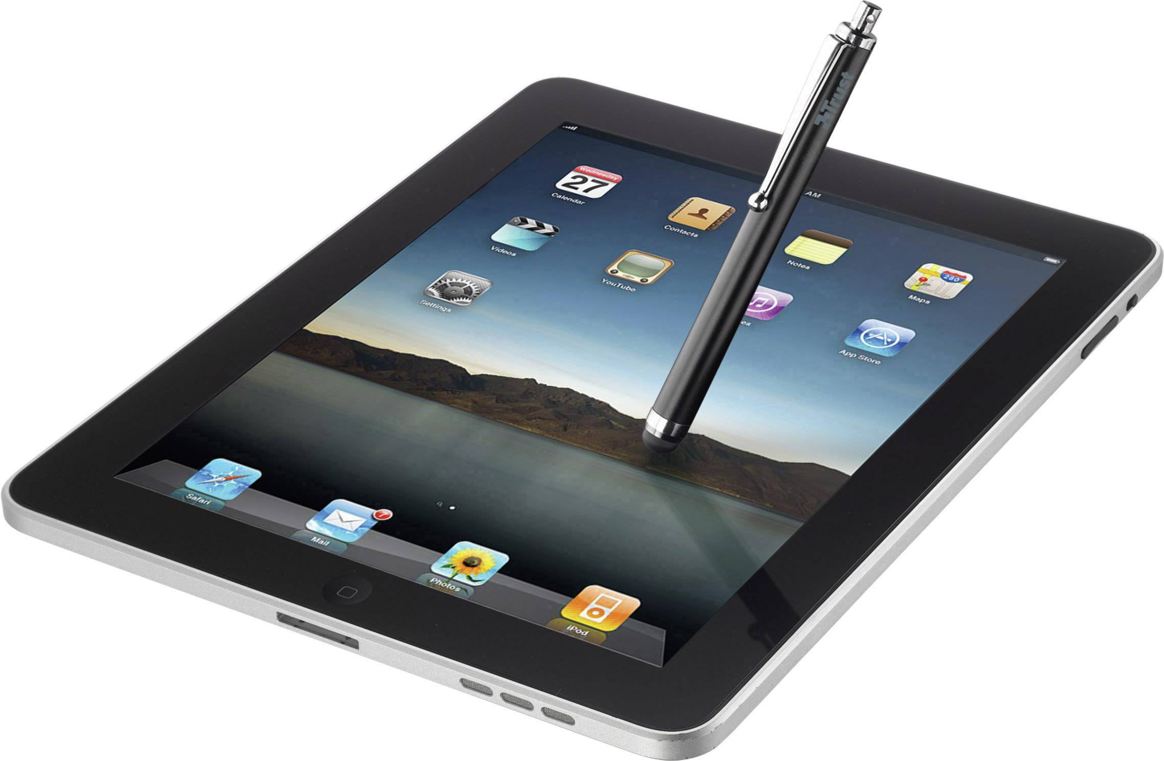 Tablet zobrazuje aplikace na obrazovce. Na displeji leží pero, což naznačuje použití stylusu.