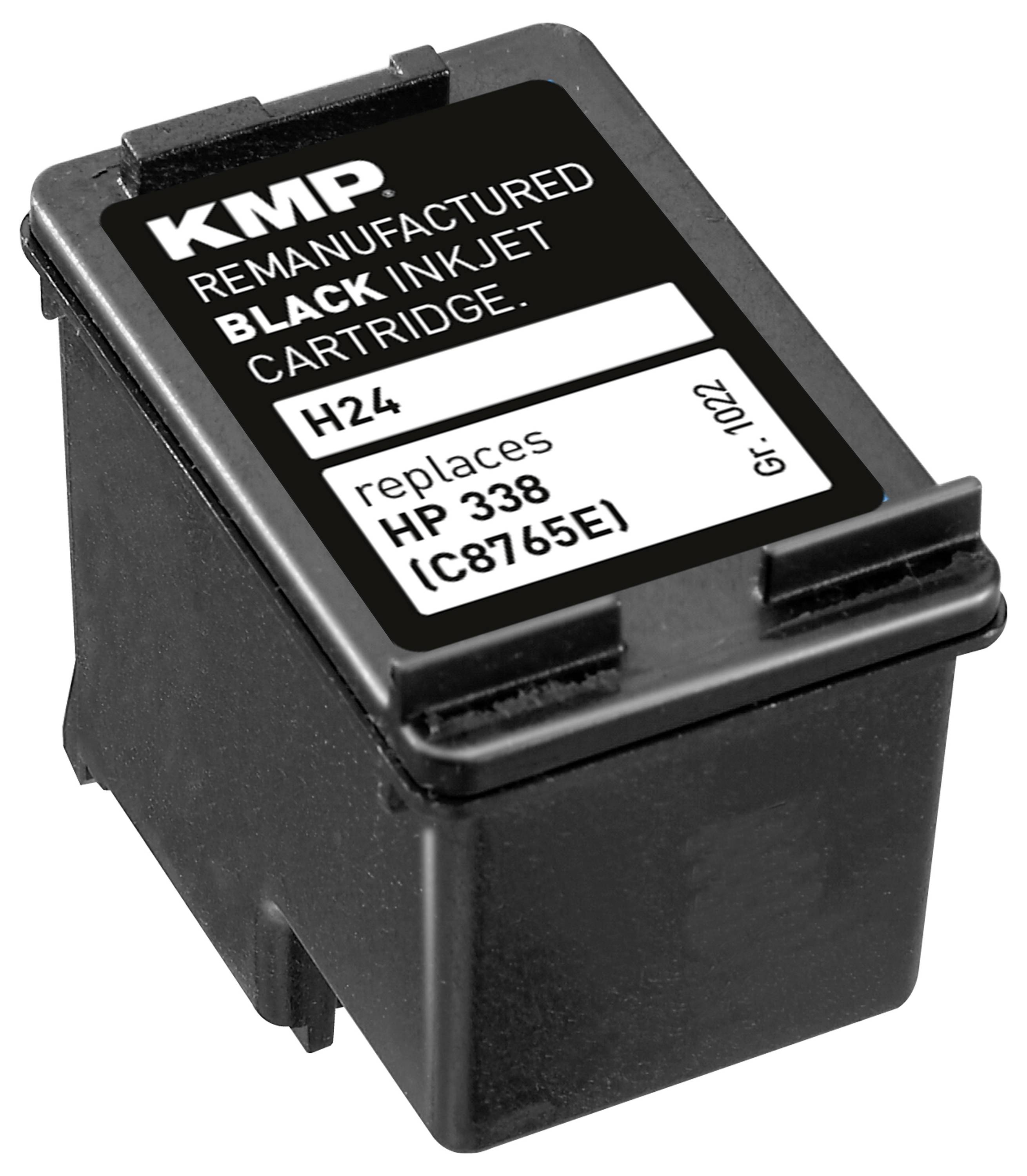 Inkoustová kazeta s nápisem 'KMP, repasovaná černá inkoustová kazeta, nahrazuje HP 338 (CB675E)'.