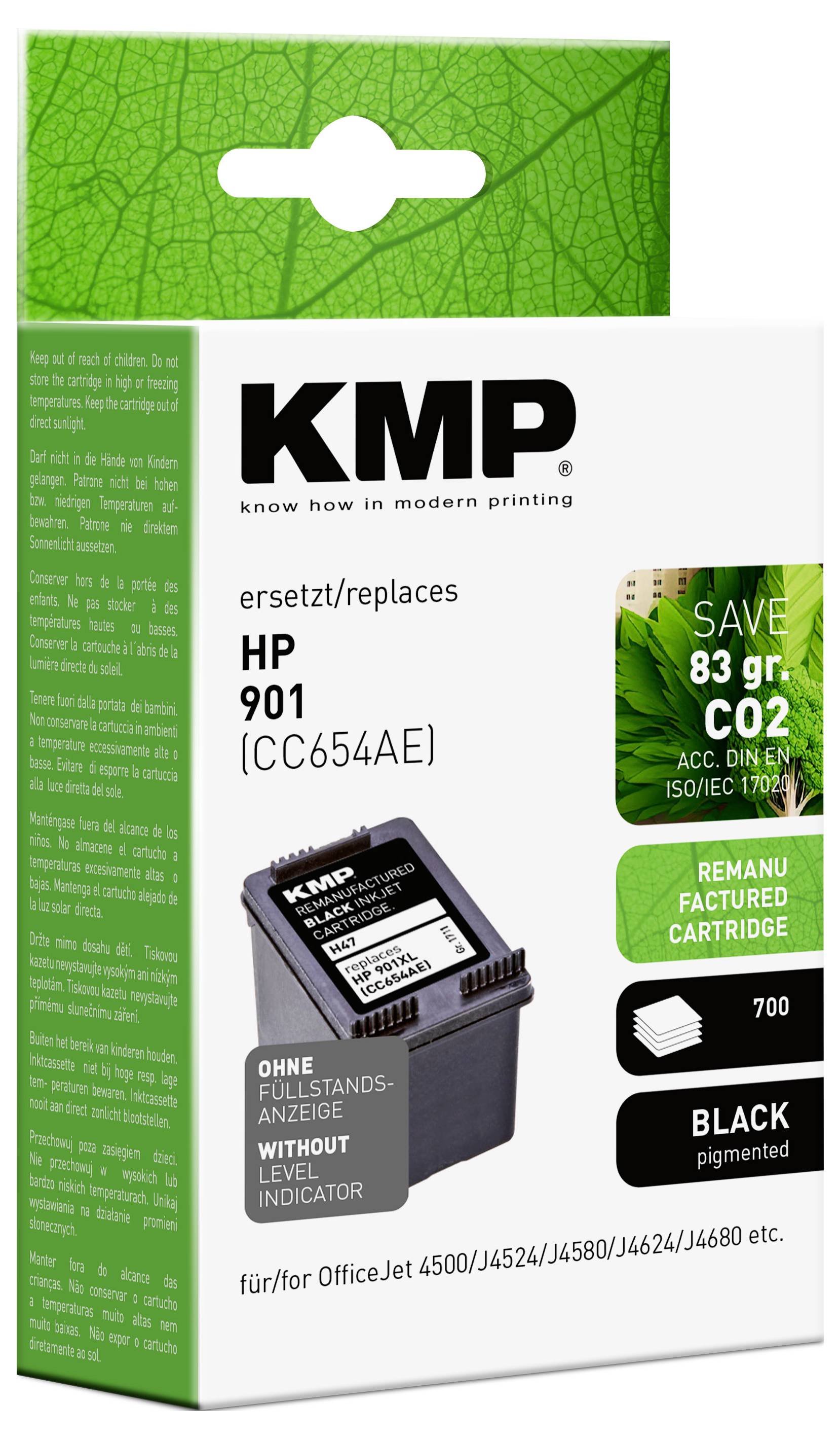 Obal recyklované inkoustové kazety HP 901 od KMP, šetří 83 g CO2. Černá, vystačí na 700 stran. 'Bez indikátoru hladiny náplně'.