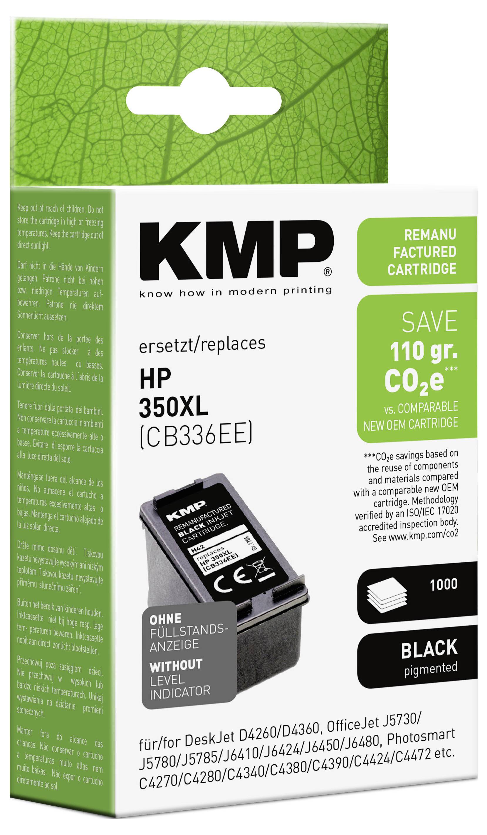 Renovovaná černá inkoustová kazeta KMP pro HP 350XL; balení ukazuje úsporu 110 g CO2e, 1000 stran a kompatibilní modely tiskáren.